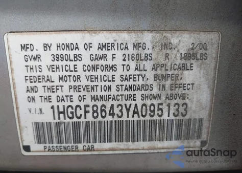 2000 Honda Accord 2.3 Dx z USA, uszkodzony, nr VIN 1HGCF8643YA095133